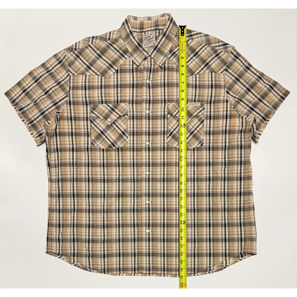 Lucky Brand Mens XXL Western Shirt Short Sleeve Plaid Pearl Snap Cotton Tan